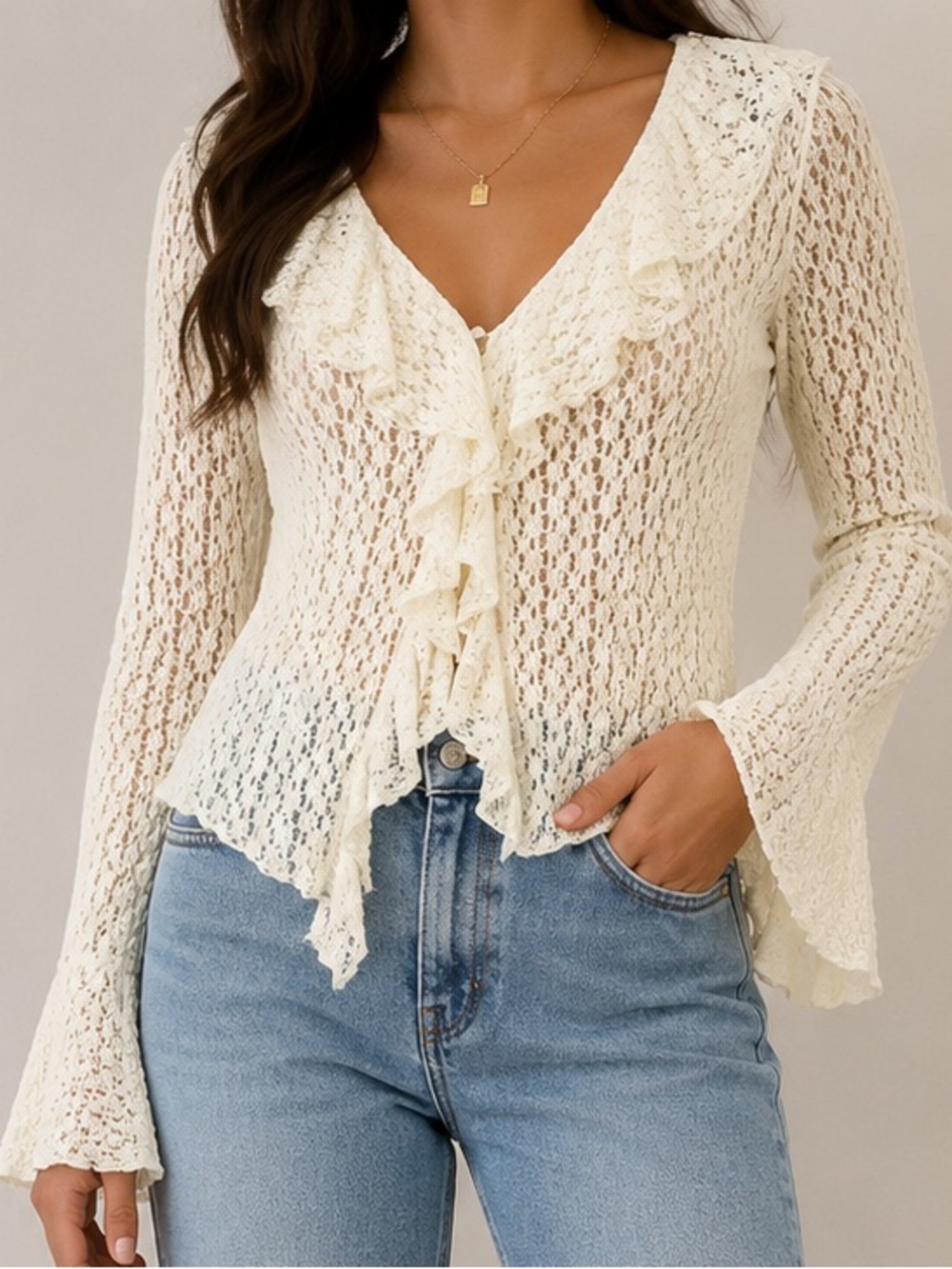 Hudson Gray Ruffled Lace V-Neck Blouse Women’s Size Large
